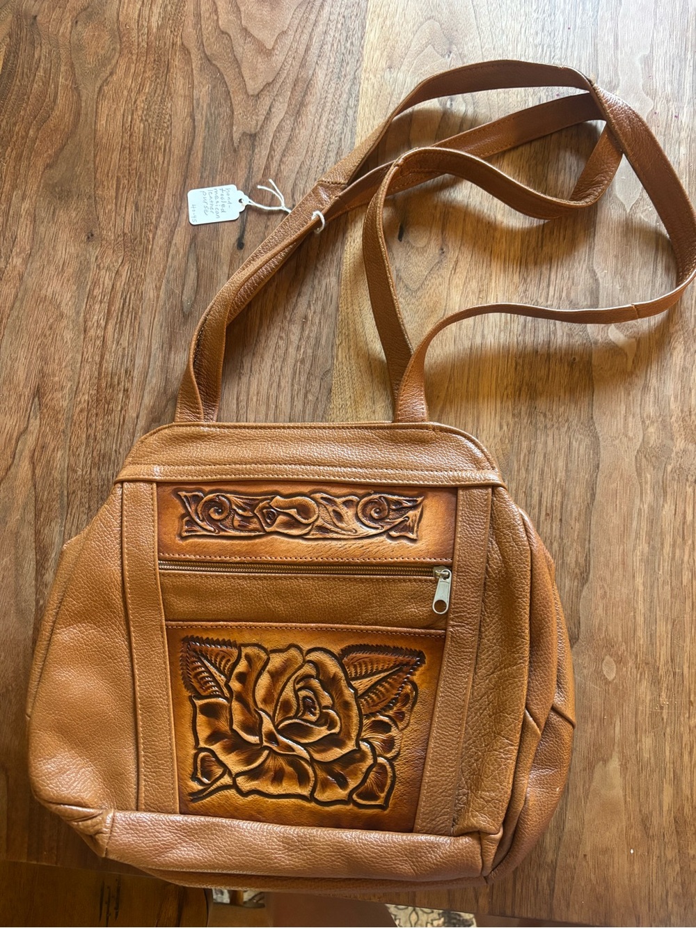 Handmade Mexican Leather Carved Rose Crossbody Bag - Tan